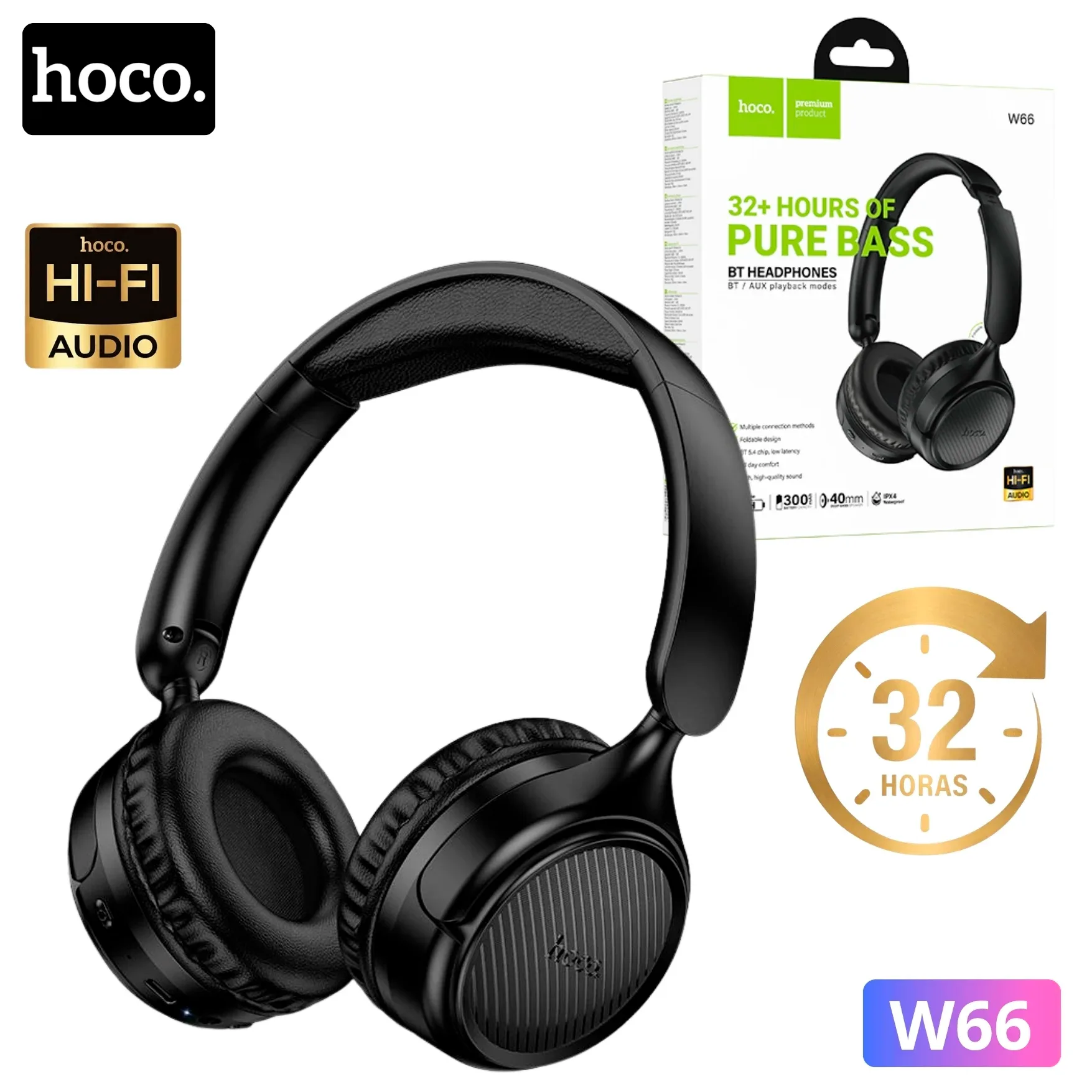 AURICULAR BT VINCHA HOCO PREMIUM  W66  32Hrs  Plegable Negro/Azul
