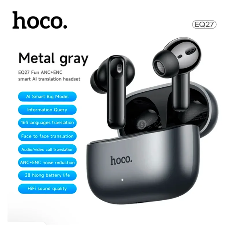 AURICULAR BT TWS  HOCO PREMIUM  EQ27 con IA TRADUCCION(APP)  ANC + ENC Metal Gray