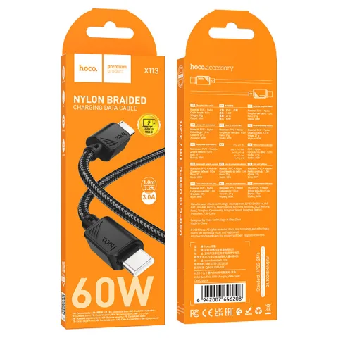 CABLE HOCO PREMIUM  X113 TIPO C a TIPO C   PD 60W    1MTS  BLACK