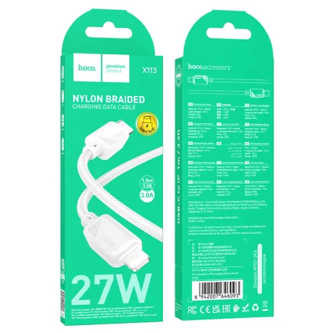 CABLE HOCO PREMIUM  X113  TIPO C  a  LIGHTNING  PD 27W   1mt  White