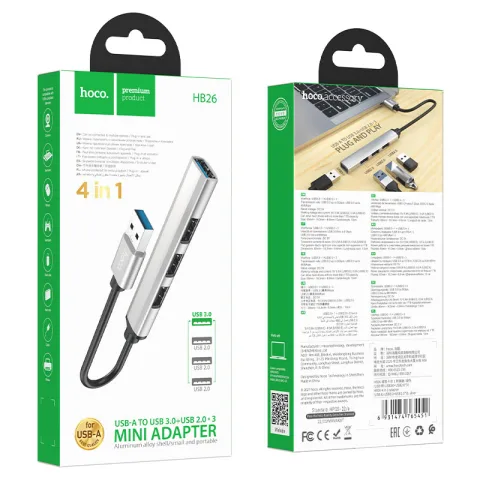 HUB HOCO PREMIUM  USB hub 4-in-1 “HB26” USB3.0+USB2.0*3  ALUMINIO