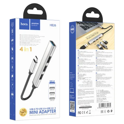 HUB HOCO PREMIUM  TIPO C  hub 4-in-1 “HB26” USB3.0+USB2.0*3  ALUMINIO